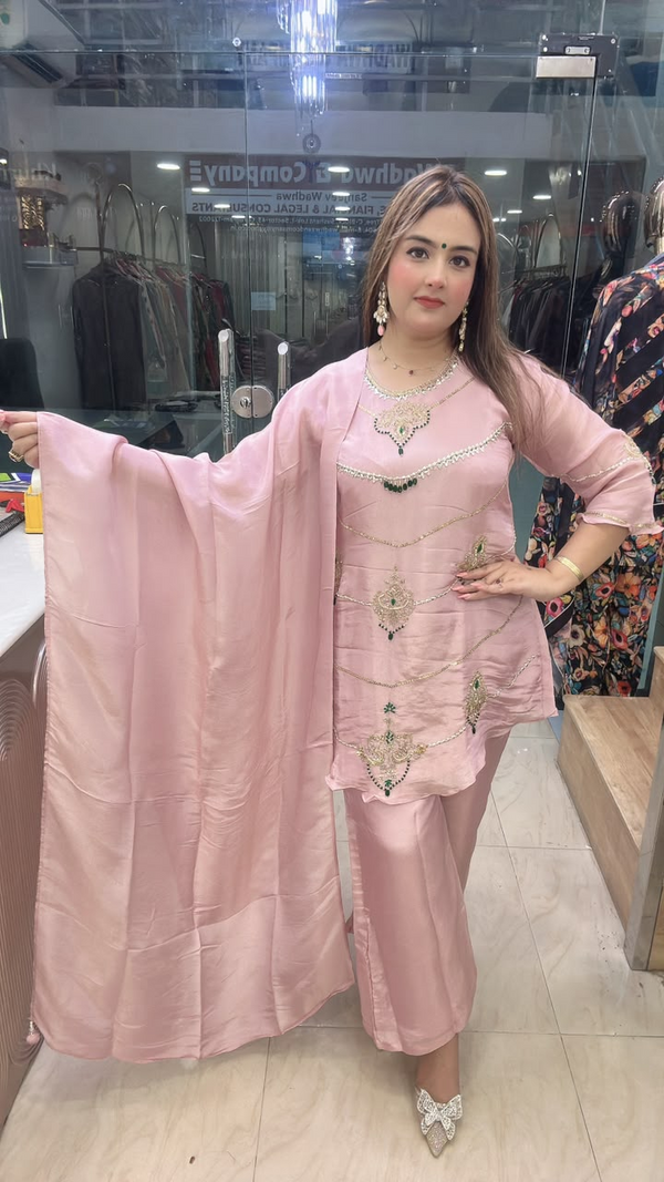 Pink party wear suit in pure Chinon fabric with dupatta full front view