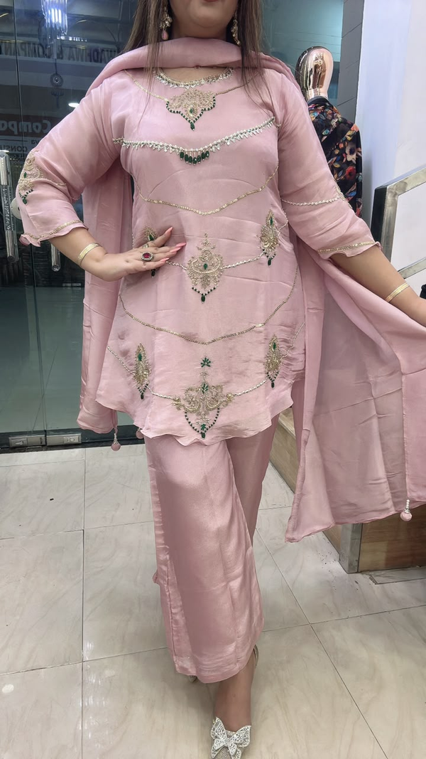 Pink pure Chinon party wear suit with embroidery work close view