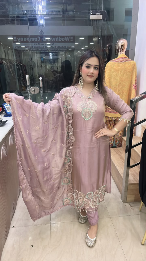 Pink shimmer crape suit with embroidered dupatta full front view