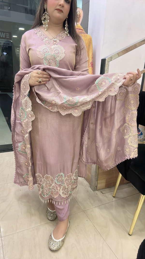 Pink shimmer crape suit floral embroidery and dupatta work detail