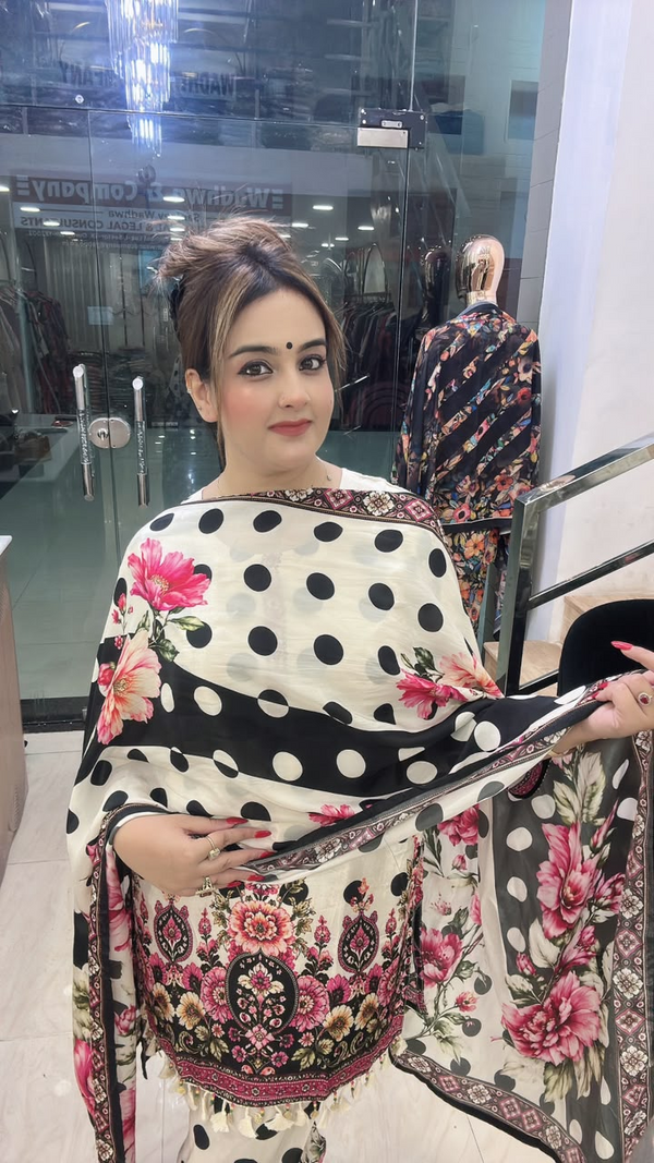 Polka dot Farshi suit on pure muslin fabric with floral print close view