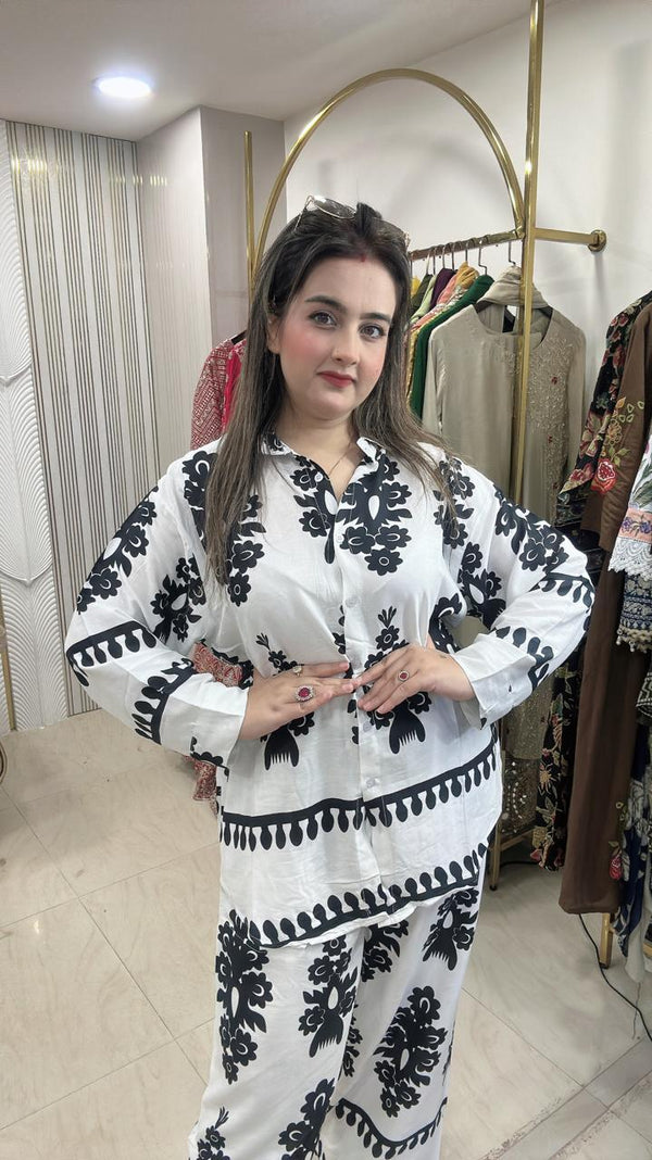 New Co-ord Set in Cotton Rayon Fabric - Navy blue and white Cotton Rayon women's ethnic wear