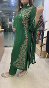 Green pure Chinon suit with side floral embroidery close view