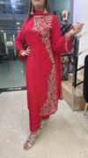 Red pure Chinon suit with side floral embroidery close view