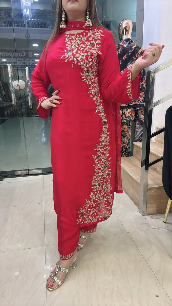 Red pure Chinon suit with side floral embroidery close view