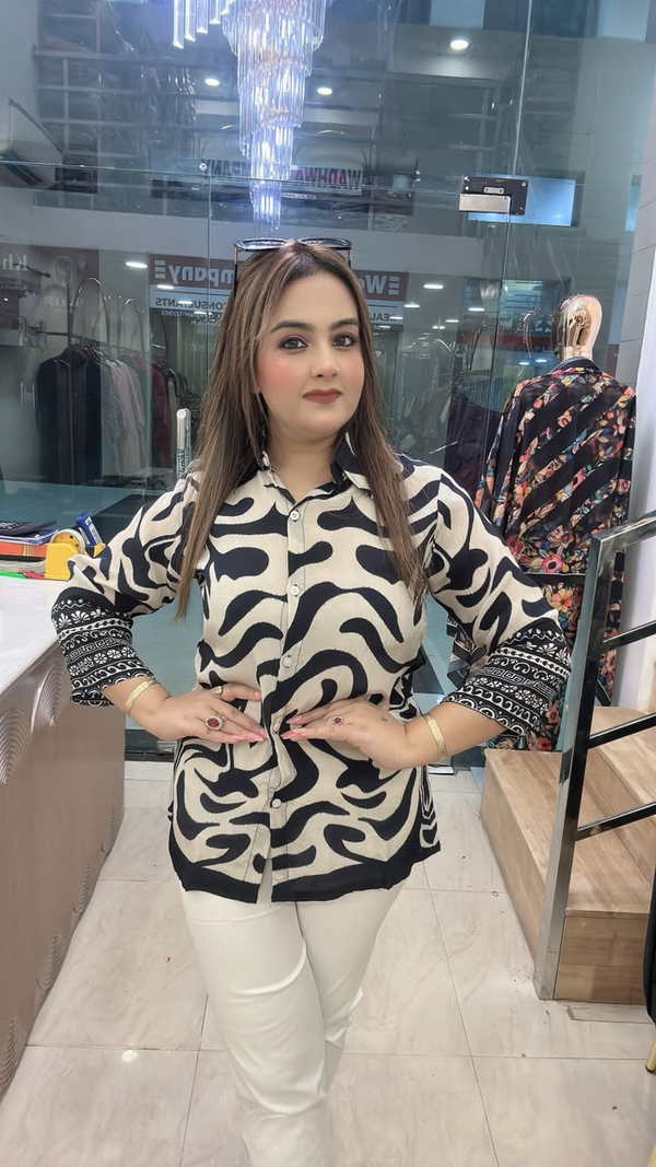 Black and cream printed shirt on pure muslin fabric close front view