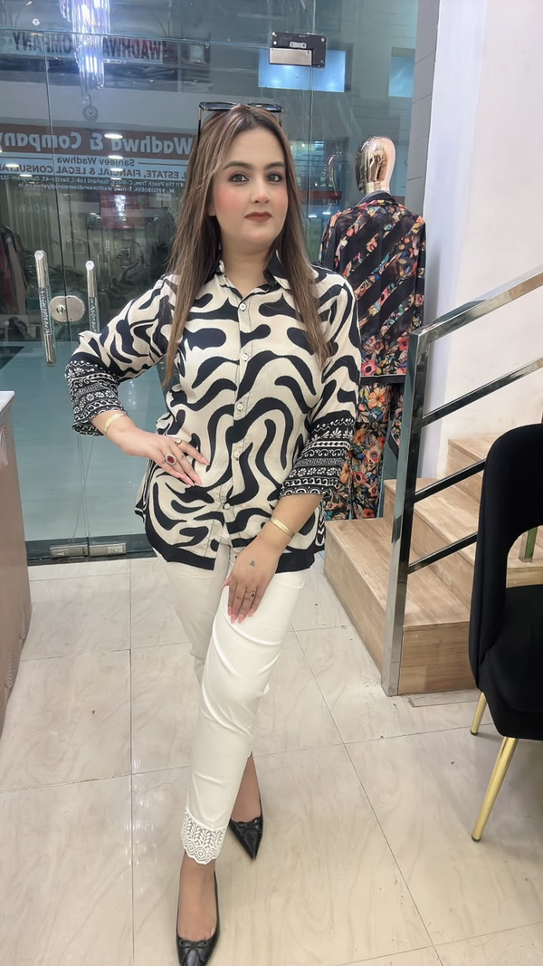 Black and cream printed shirt on pure muslin fabric full front view