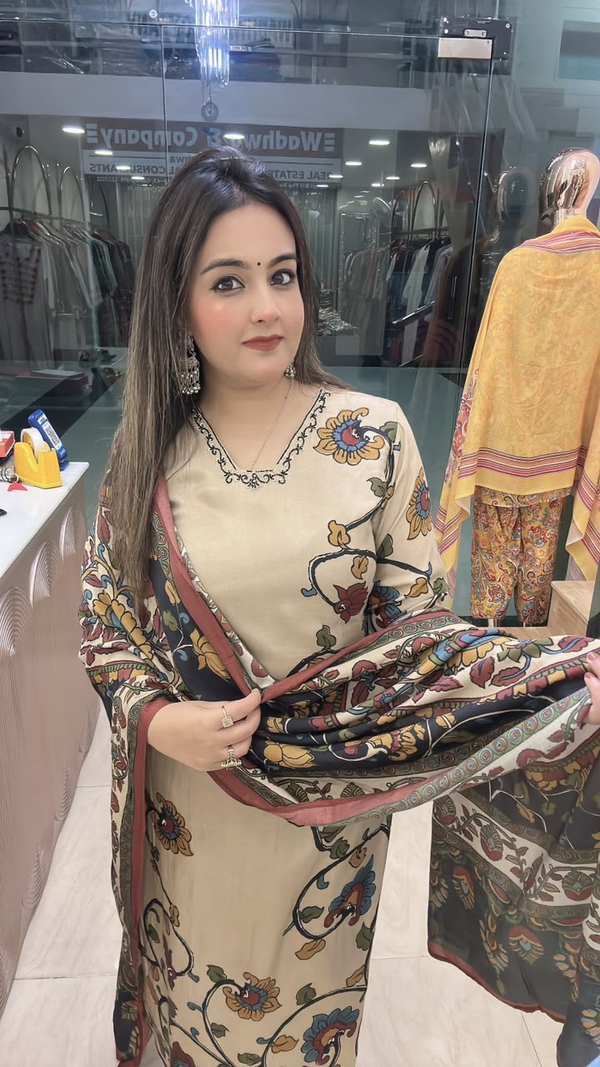 Beige pure muslin suit neckline and dupatta close front view