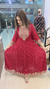 Red pure Chinon Anarkali gown with original mirror work and gold embroidery front full view