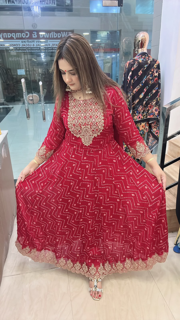 Red pure Chinon Anarkali gown with original mirror work and gold embroidery front full view