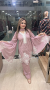 Dusty pink Shiffli cotton suit with white lace work full front view