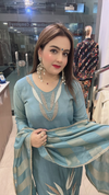 Blue shimmer crape suit neckline and dupatta close view