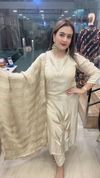 Cream shimmer crape suit with leaf embroidery front pose