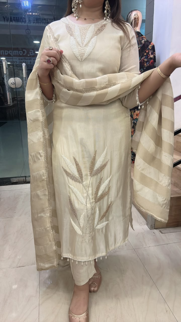 Cream shimmer crape suit with striped dupatta full front view