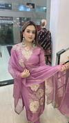 Mauve shimmer crepe suit with 3D floral work and organza dupatta close view