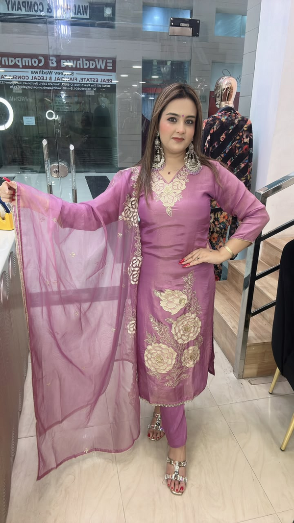 Mauve shimmer crepe suit with 3D work and matching dupatta full front view