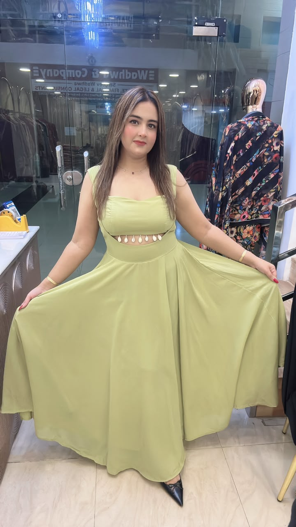 Lime green georgette western dress with waist cutout front pose