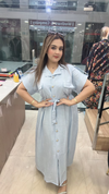 Light blue western dress in imported fabric with button front and waist tie