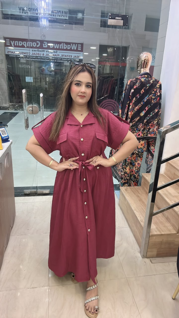 Maroon western dress in imported fabric with button front and waist tie
