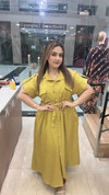 Mustard western dress in imported fabric with button front and waist tie