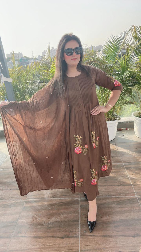 Cotton Suit with Embroidery Work - Coffee brown with floral embroidery Cotton women's ethnic wear
