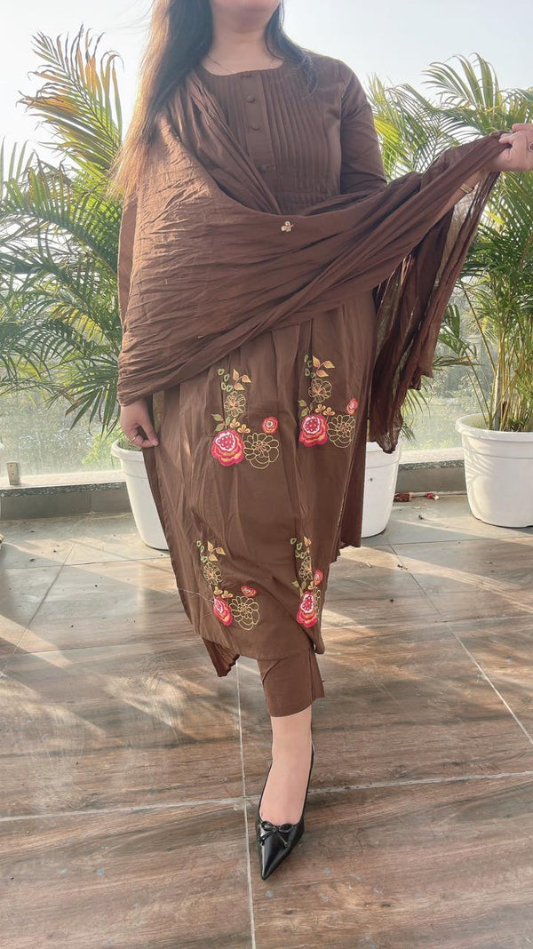 Cotton Suit with Embroidery Work - Coffee brown with floral embroidery Cotton women's ethnic wear