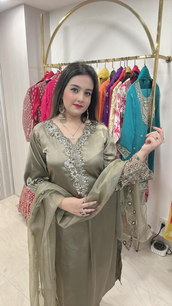 New Pakistani Style Suit in Satin Fabric with Handwork - Olive green Satin women's ethnic wear