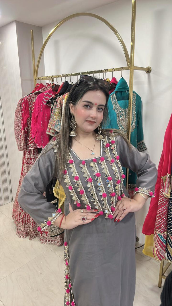 New Pheran in Pure Cotton Silk Fabric with Mirror and Lace Work - Grey with pink accents Pure Cotton Silk women's ethnic wear
